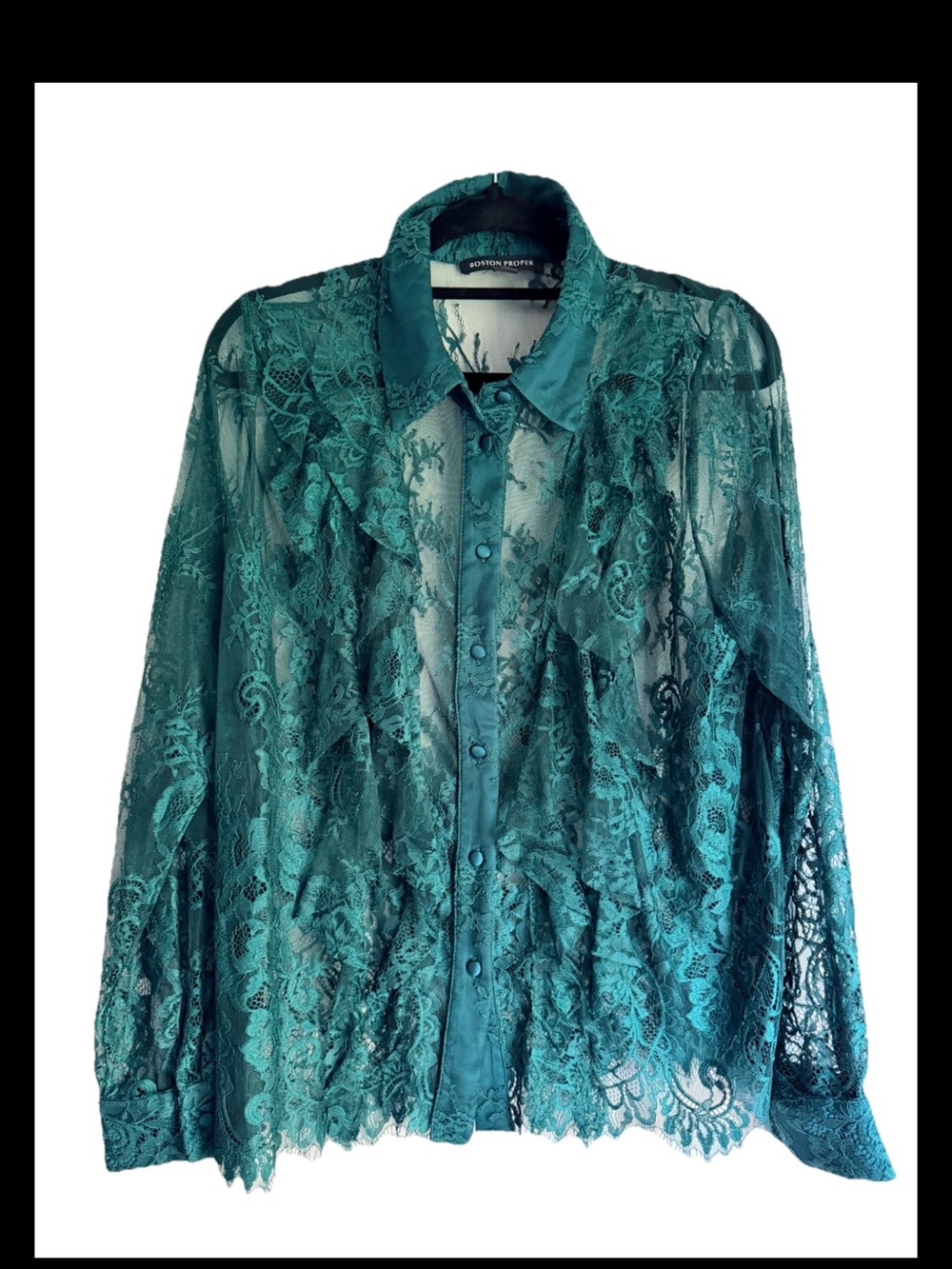 BOSTON PROPER Women’s Emerald Green Ruffle Lace Sheer Blouse Sz XL
